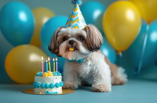 Small dog in a party hat sits beside a birthday cake with lit candles and colorful balloons.