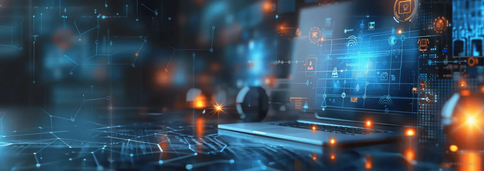 Glowing holographic education icons float above a laptop screen with a futuristic network background.