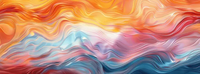 Colorful wavy fluid marbling with orange and blue swirls forming an abstract banner