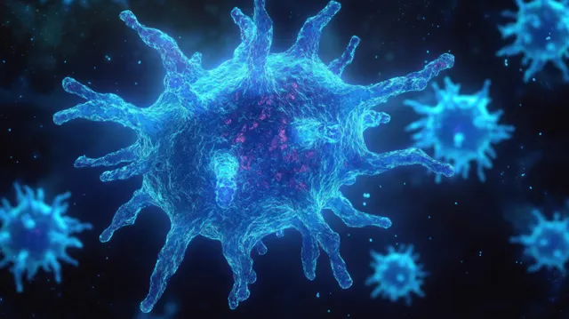 3D coronavirus-like particles with spiky textures float in a dark background under glowing blue light.