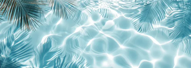 Palm leaf shadows fall onto sunlit blue water with ripples at tropical beach