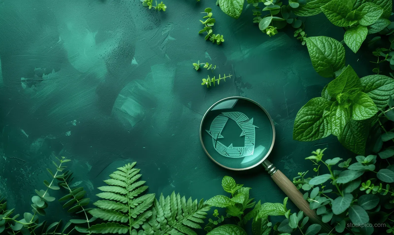 A magnifying glass enlarges a CO2 reduction symbol placed among green leaves.