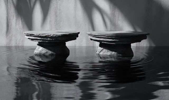 Two stone platforms in calm black-and-white water with branching shadows on textured wall