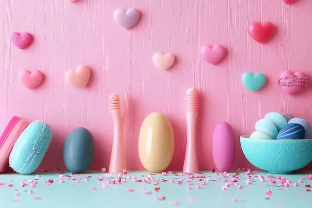 Pastel soaps, toothbrushes, and heart-shaped macarons arranged on a pink and blue background with small decorative hearts.