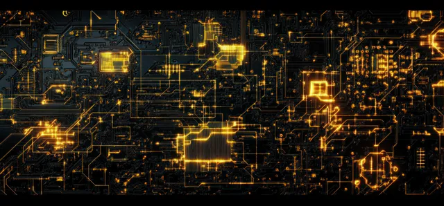 Glowing orange circuit board close-up with microchip traces forming illuminated data pathways with Computer Hardware