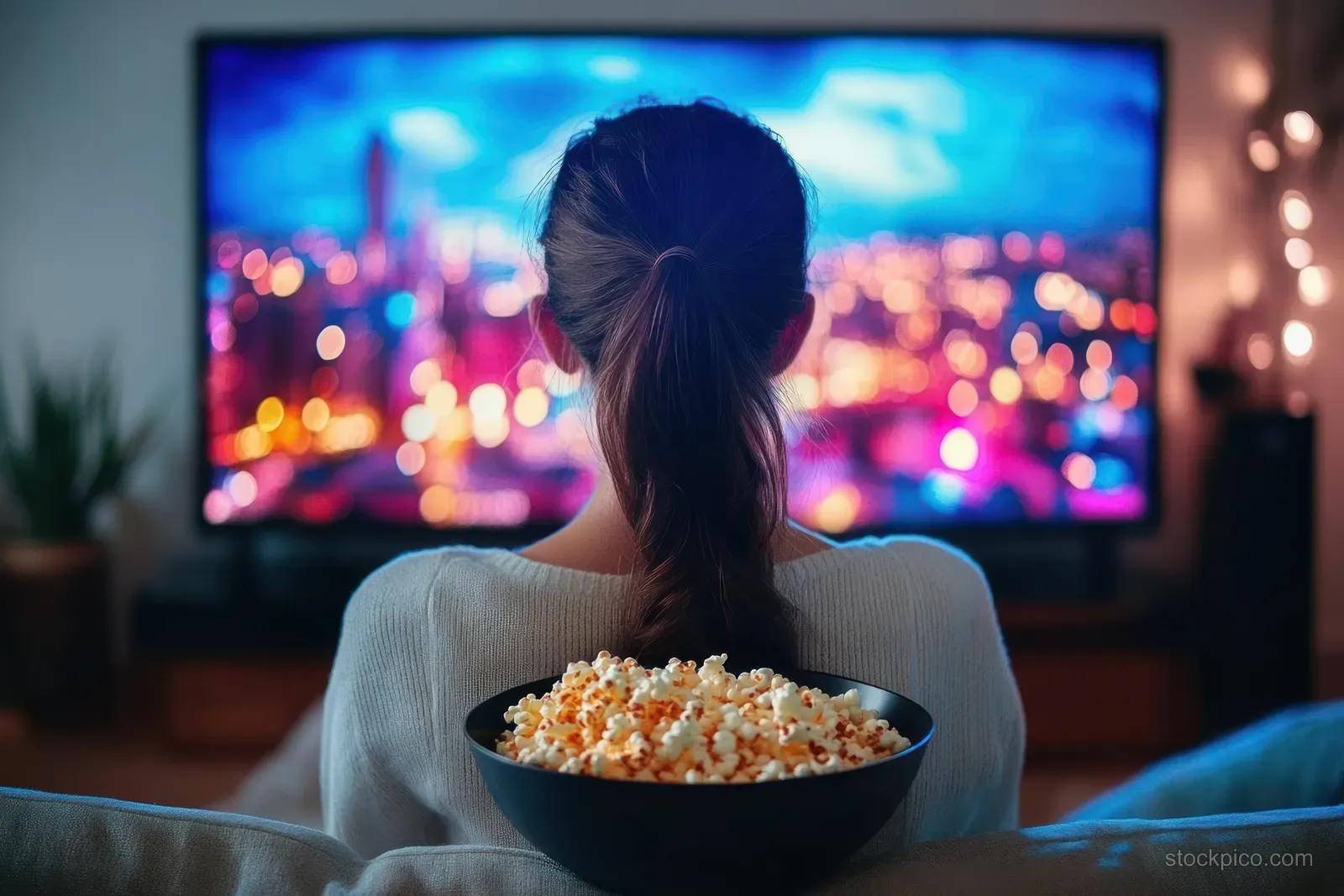Woman sits on a couch with popcorn bowl watching a large TV displaying a colorful night cityscape.