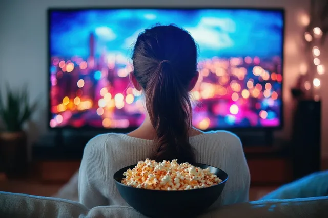 Woman sits on a couch with popcorn bowl watching a large TV displaying a colorful night cityscape.