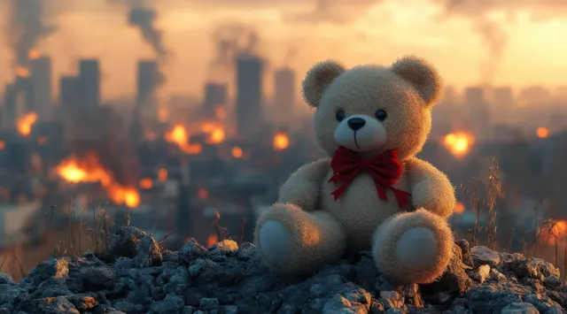 A teddy bear with a red bow sits on rocky rubble as a burning smoky city glows behind it at sunset.