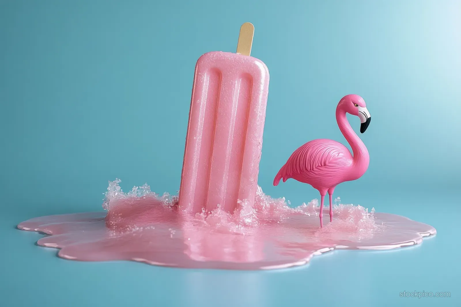 A pink popsicle melts into a puddle while a pink flamingo figurine stands beside it on a blue background.