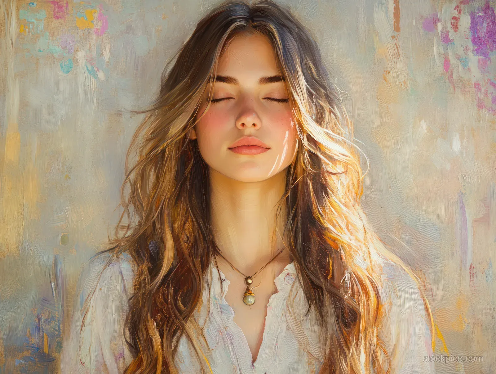 A woman sits in meditation with eyes closed, lit by warm sunlight in a softly textured sunlit room.