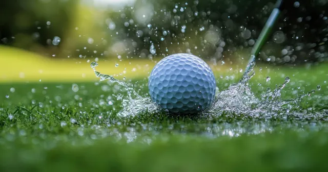 A golf ball splashes into water on green grass as a golf club strikes beside it in daylight.