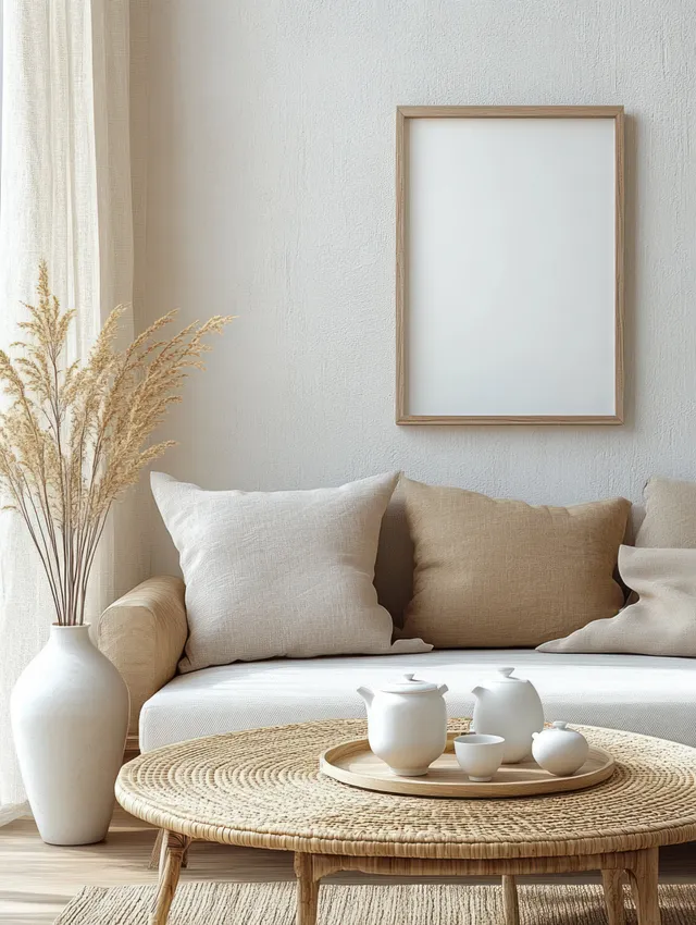 Light sofa with beige cushions sits behind a round rattan coffee table holding a small ceramic tea set and a dried grass vase.