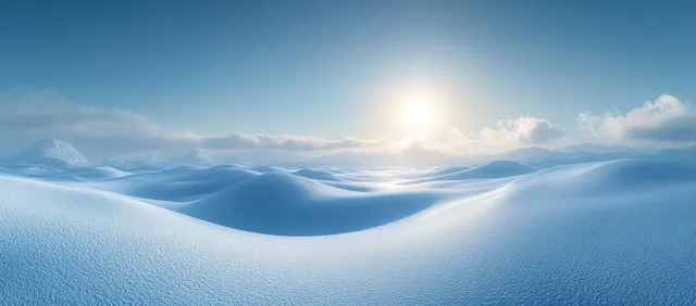 Snowy minimalist valley with smooth white drifts, an isolated hill, and winter sun glowing through overcast.