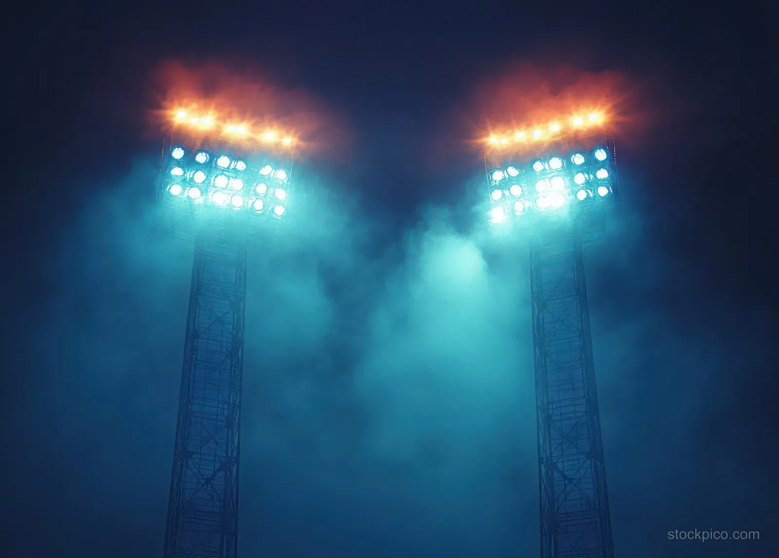 Two stadium floodlight towers shine through fog, illuminating glowing scoreboards at night.