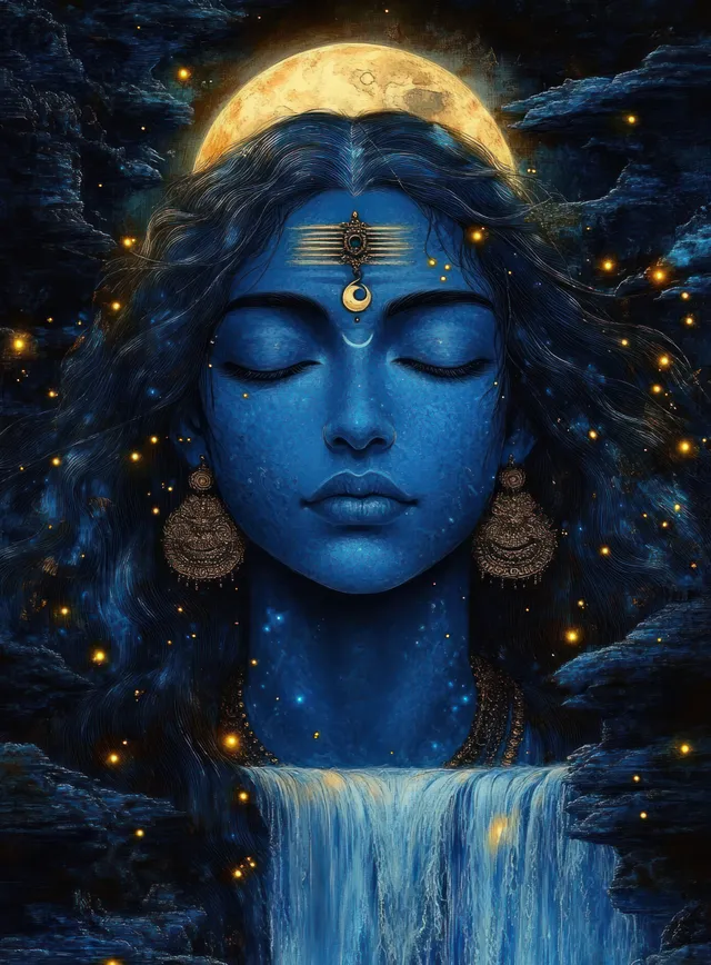 Blue-toned woman with closed eyes and ornate earrings glows with golden light orbs beside a moonlit waterfall.