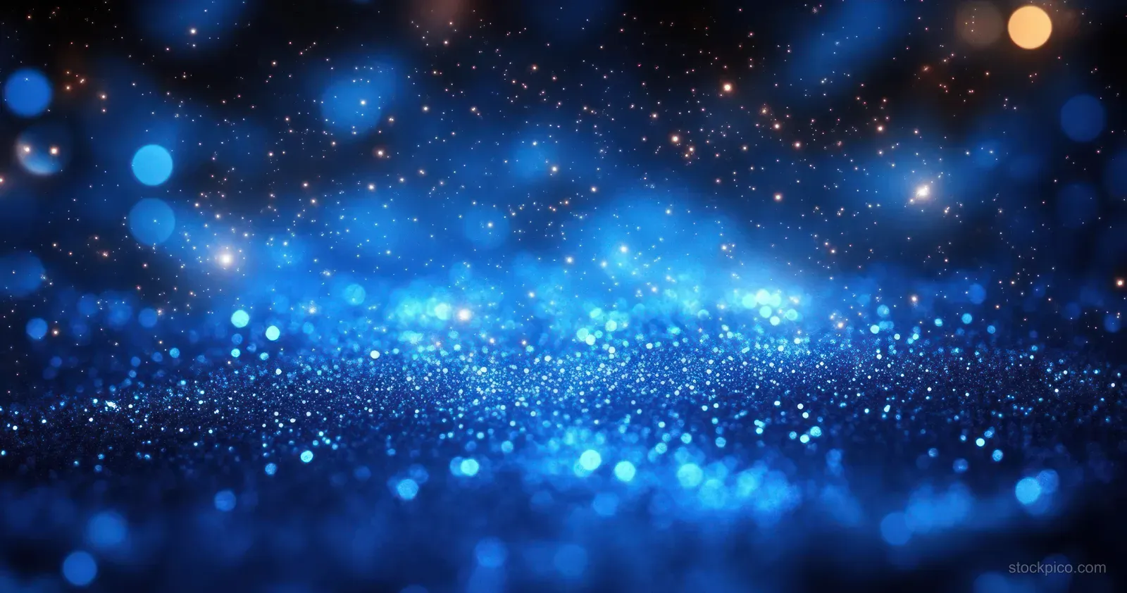 Blue glitter sparkles and bokeh light particles shimmer across a dark starry background with a bright center glow.