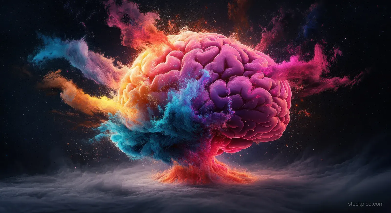 A glowing surreal brain bursts into colorful smoke and sparks against a dark background.