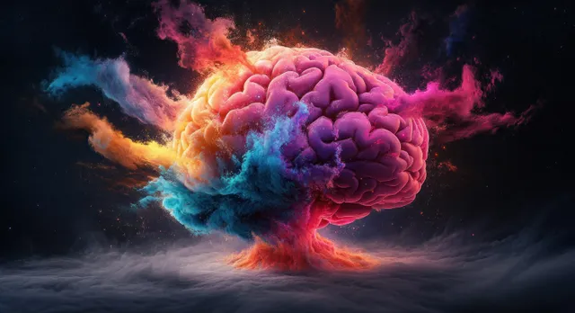 Surreal brain explosion with glowing colors, swirling smoke, and luminous sparks of ideas