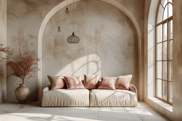 Beige sofa with pink cushions sits inside an arched doorway with pendant light and large window daylight.