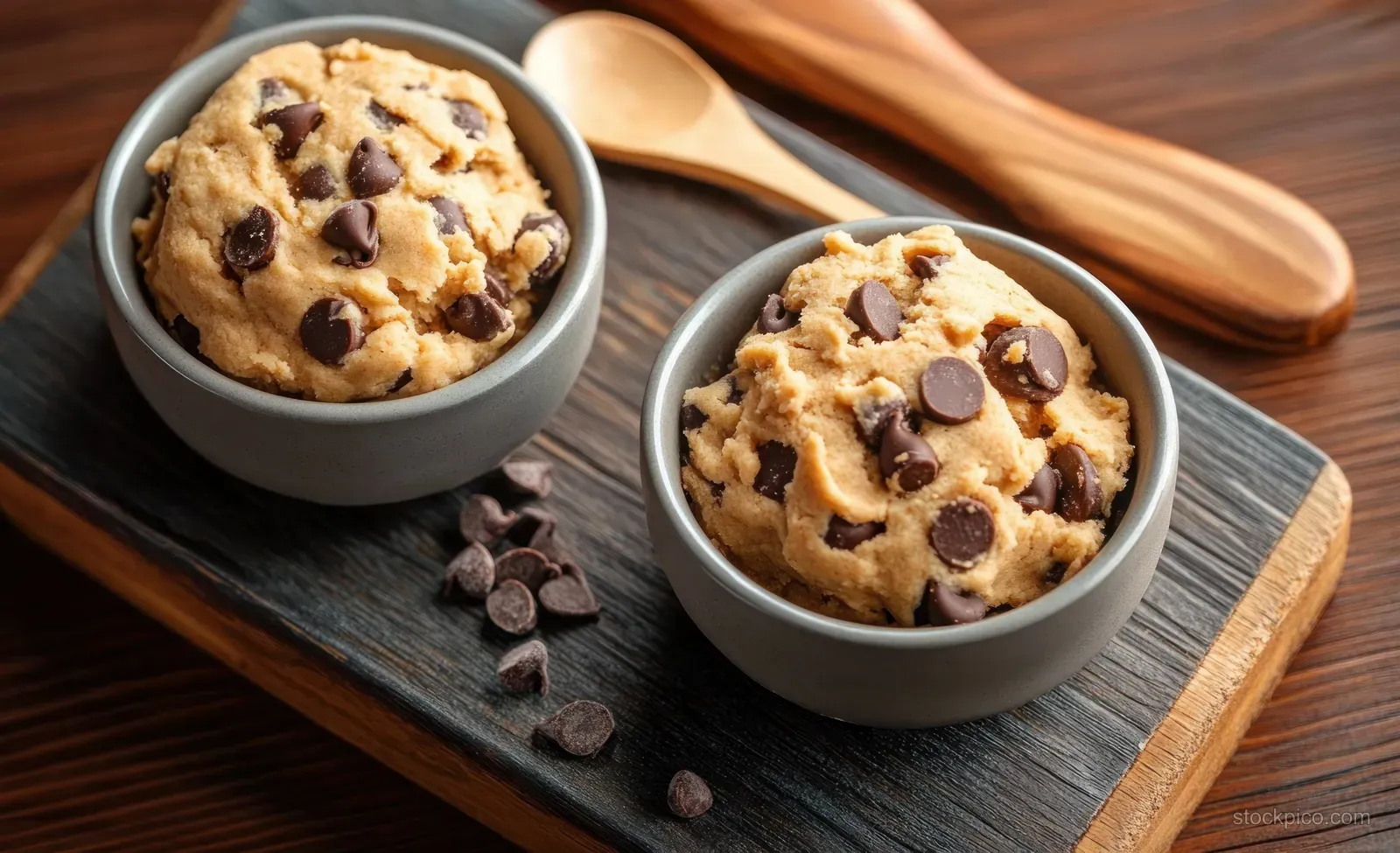 Two bowls of chocolate chip cookie dough on a wooden tray with scattered chips and wooden spoons in the background.