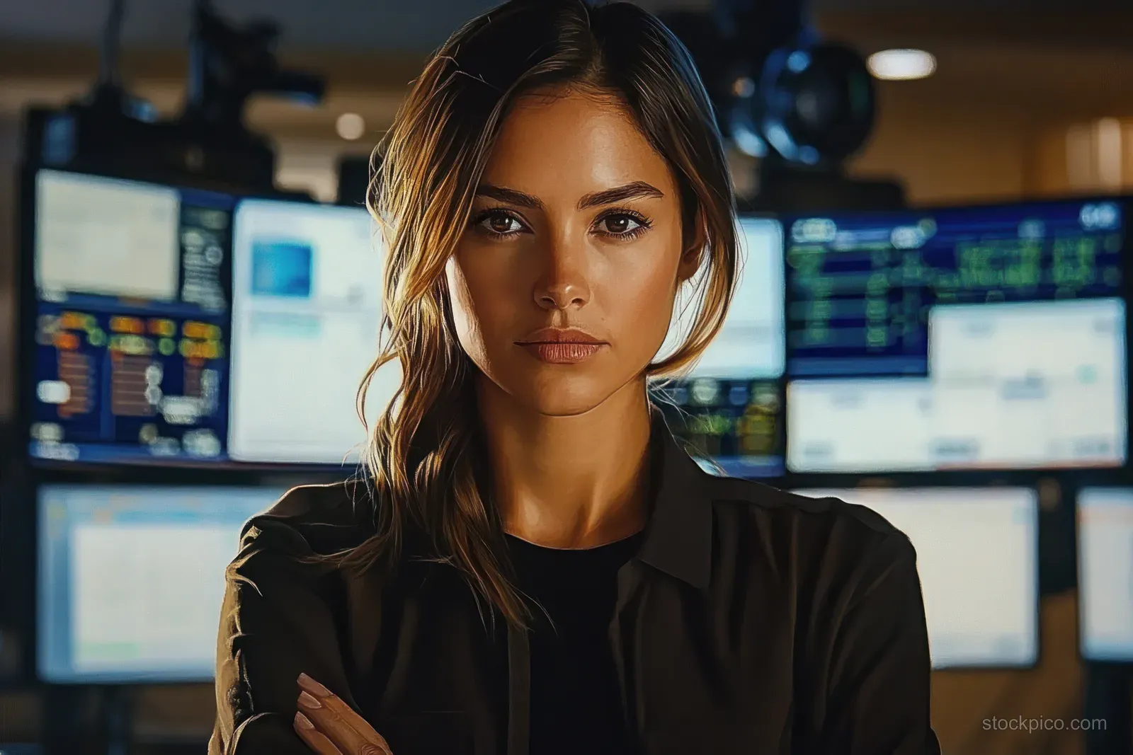 Focused young businesswoman stands before multiple monitors showing charts and data in a dim office.