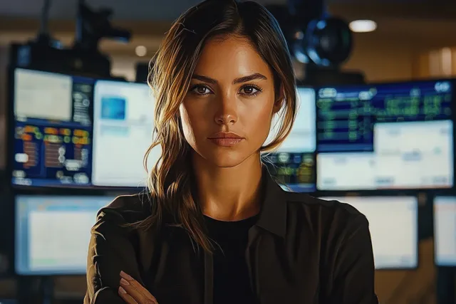 Focused young businesswoman stands before multiple monitors showing charts and data in a dim office.