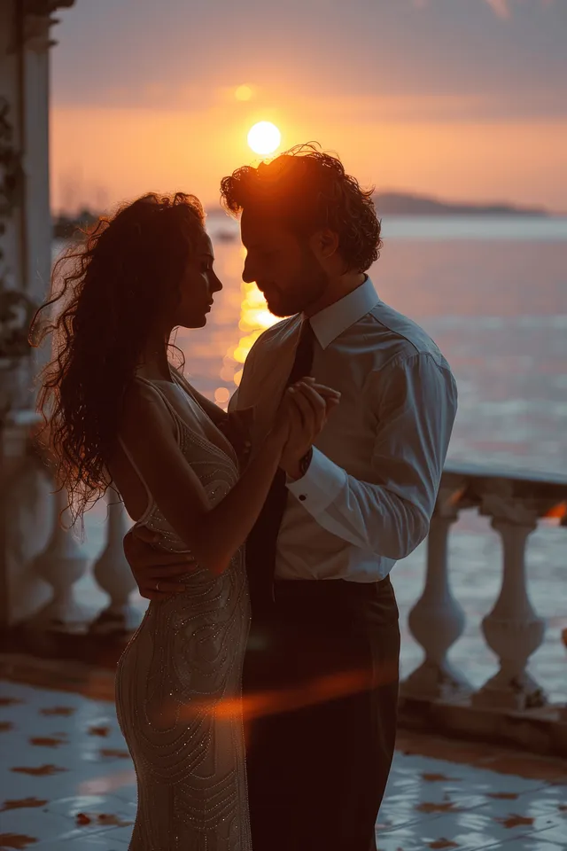Romantic couple dancing on a seaside balcony at sunset, warm silhouettes and ocean glow