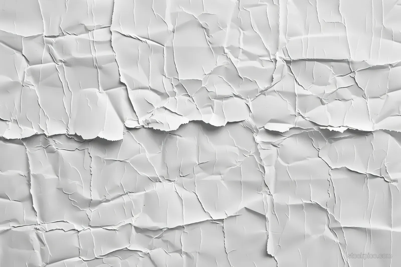 Crumpled torn white paper texture with wrinkles and cracked fold lines on a textured backdrop.