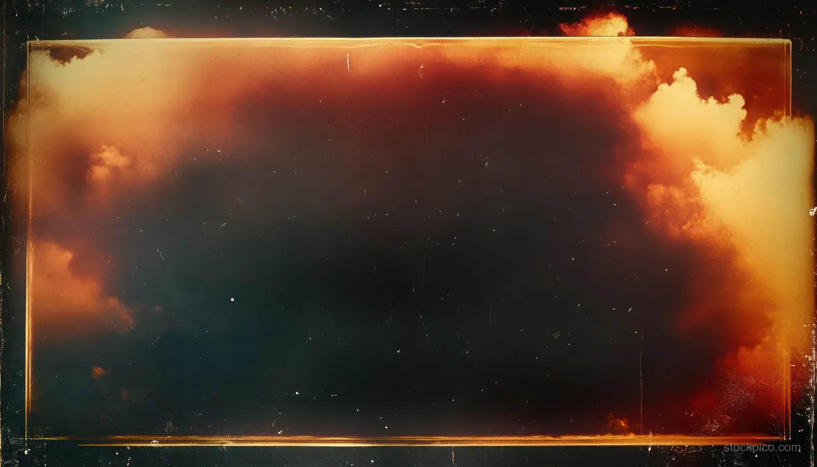 Vintage film frame background with warm smoky clouds, heavy grain, vignette, and distressed border wear.