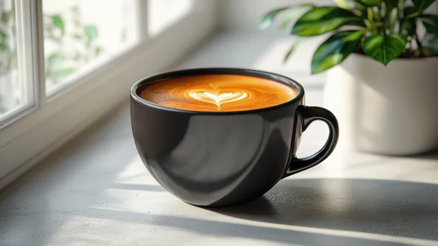 Black ceramic coffee cup on windowsill with latte art and soft daylight glow