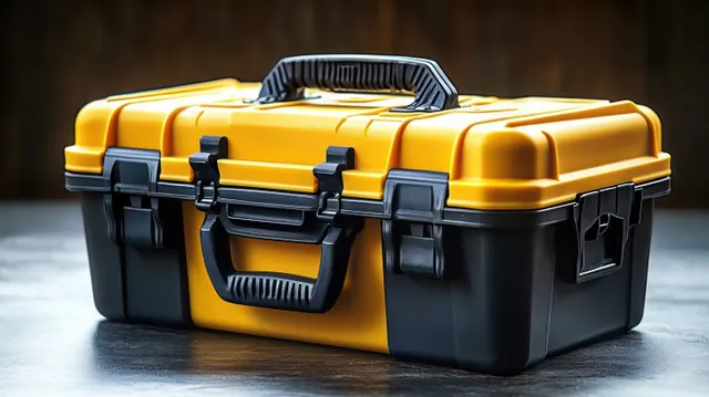 Closed yellow and black plastic toolbox with latches and carrying handle on a dark tabletop.