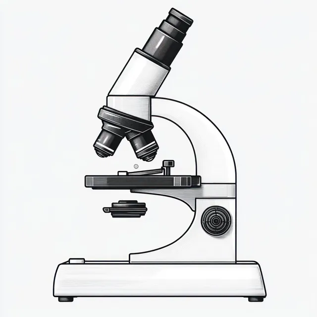 Grayscale lab microscope illustration with focusing knobs and rotating turret shown on a plain white background.