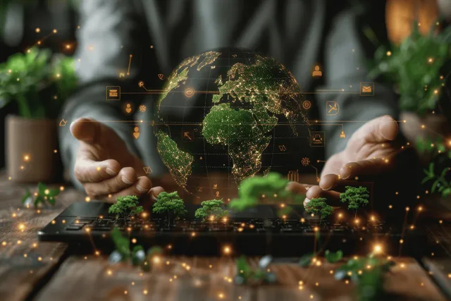 Hands projecting a glowing Earth hologram over renewable energy lights and green particles