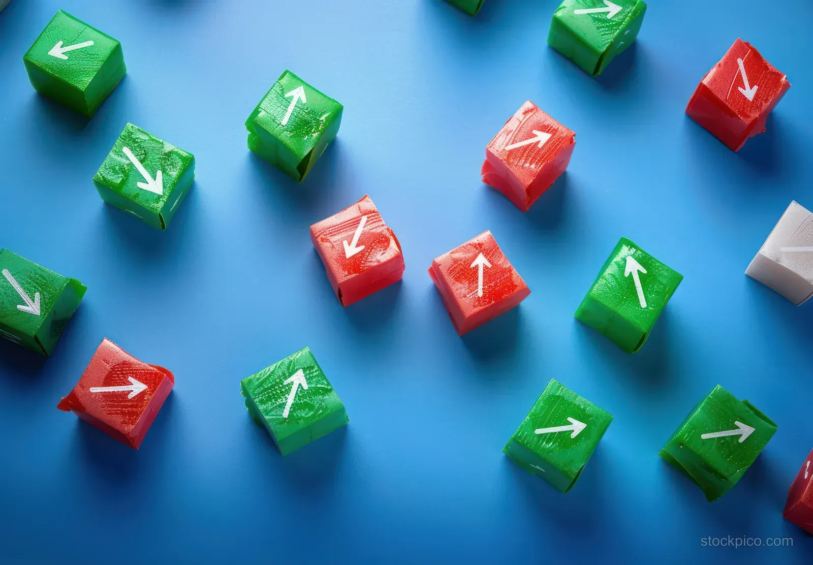 Green and red translucent cubes scattered on a blue surface with white directional arrows pointing different ways.
