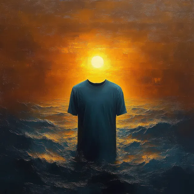 An empty dark shirt floats in stormy ocean waves with a glowing sun as its head at sunset.