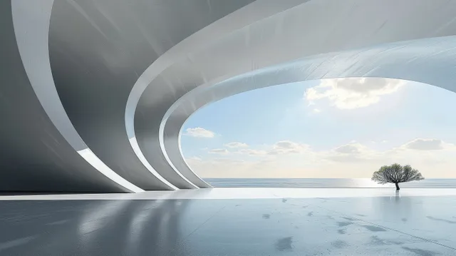 Futuristic circular building with glowing curved light bands and an empty concrete floor in an open sky scene.