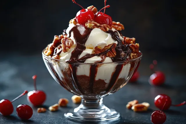 Vanilla ice cream in a glass bowl with chocolate syrup, walnuts, and red cherries scattered on a dark background.