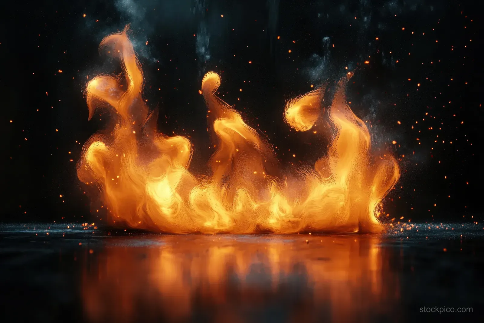 Orange flames and glowing embers rise with smoke, mirrored on a dark glossy reflective surface.