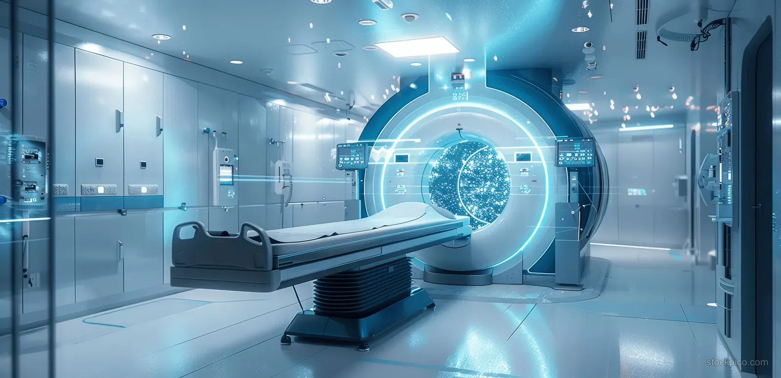 Inside a futuristic hospital MRI CT scanner room, a patient table sits before a tunnel while hologram interface graphics glow in blue.
