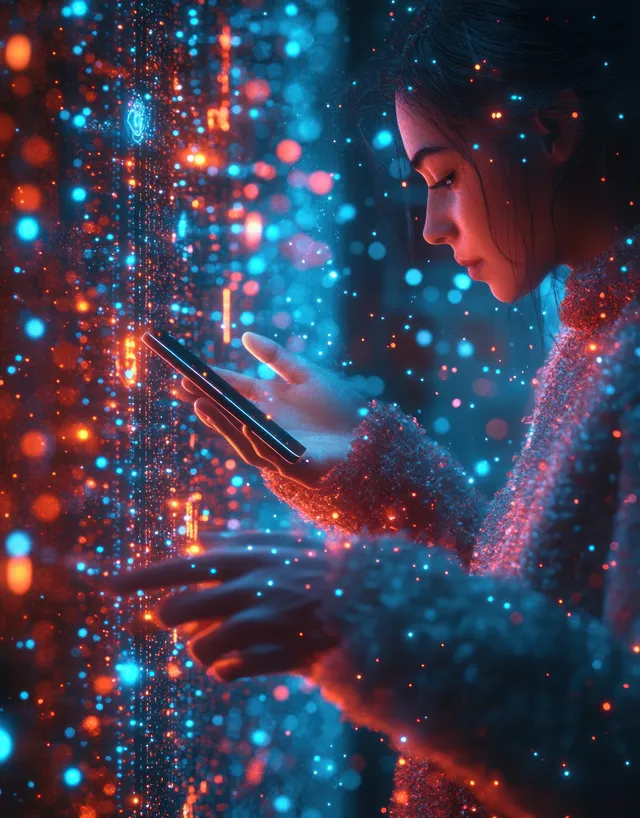 Female hands holding a smartphone with neon holographic network lines and data particles swirling around.