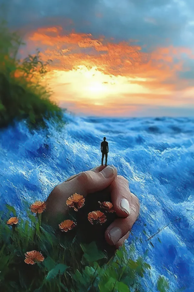 Lone figure stands atop a giant hand emerging from flowers overlooking stormy ocean at sunset