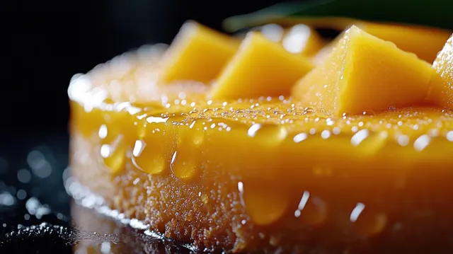 Moist mango cake slice topped with juicy mango chunks and glistening syrup droplets.