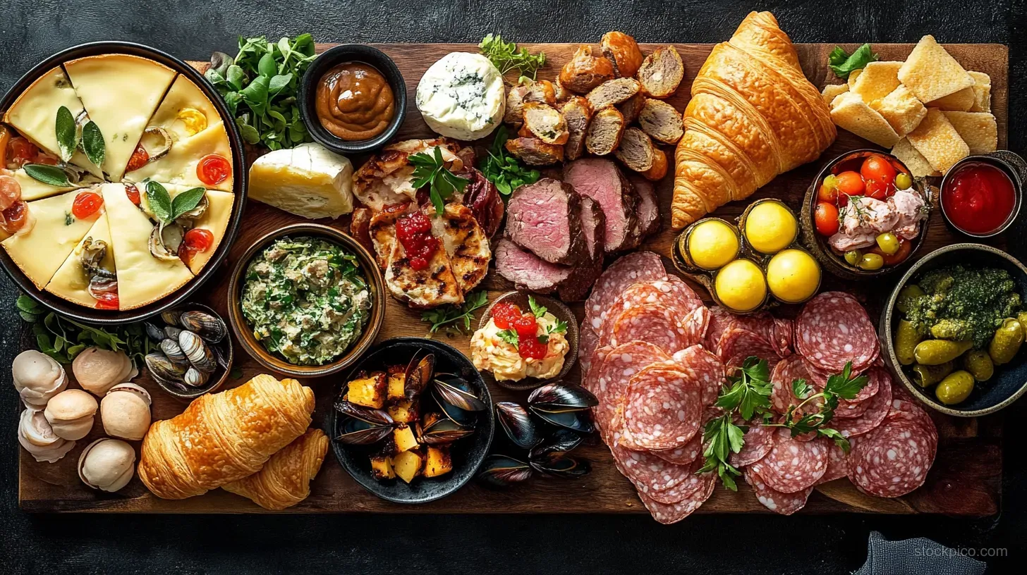 Overhead view of a rustic charcuterie platter with cured meats, seafood, cheeses, olives, pickles, bread, croissants, and herbs.