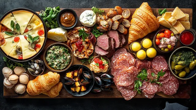 Gourmet charcuterie platter with sliced cured meats, seafood, croissants, cheeses, and herbs on wood
