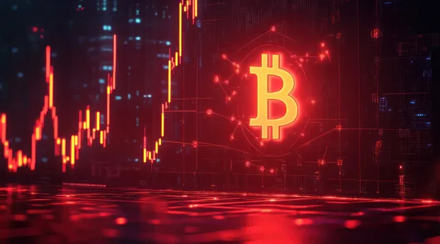 Glowing red Bitcoin symbol is surrounded by network connections and a rising chart on a dark futuristic background.