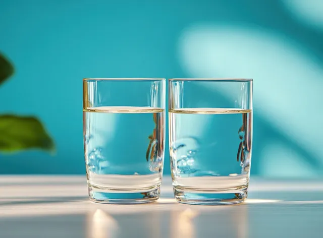 Two clear water glasses on wood table with soft daylight and blue blurred background