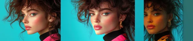 Young woman with mullet hairstyle posing in profile against a bright turquoise studio background.