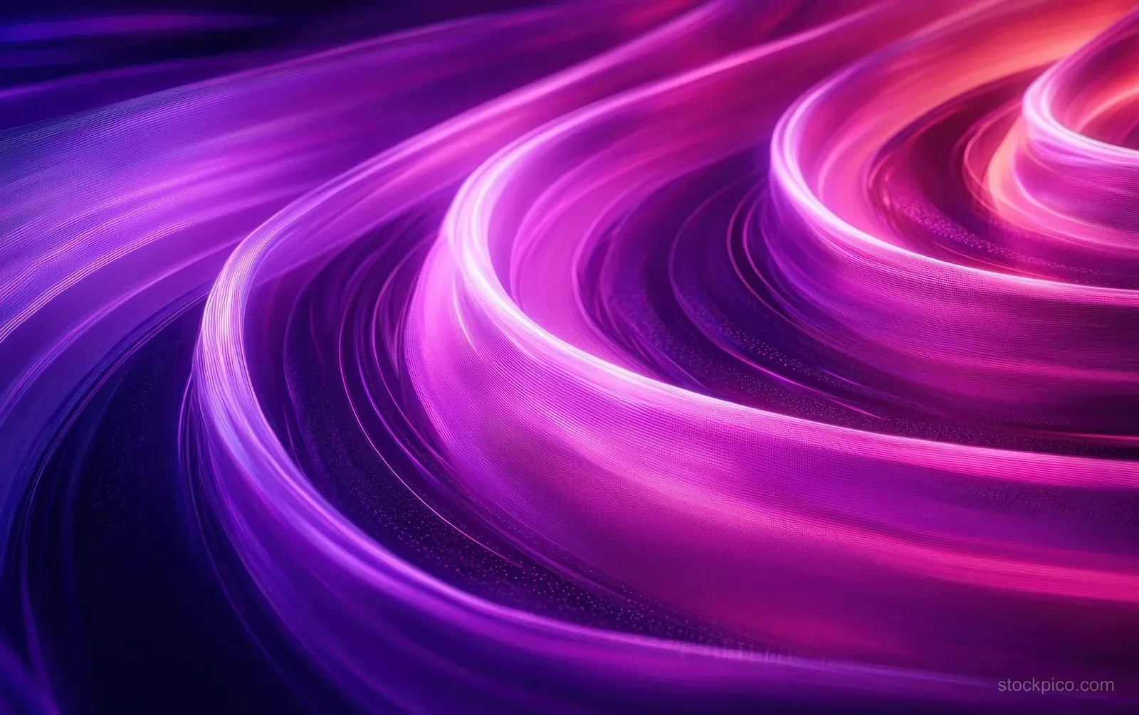 Neon purple glowing ribbons curve through a dark futuristic portal with vibrant light trails and motion blur.