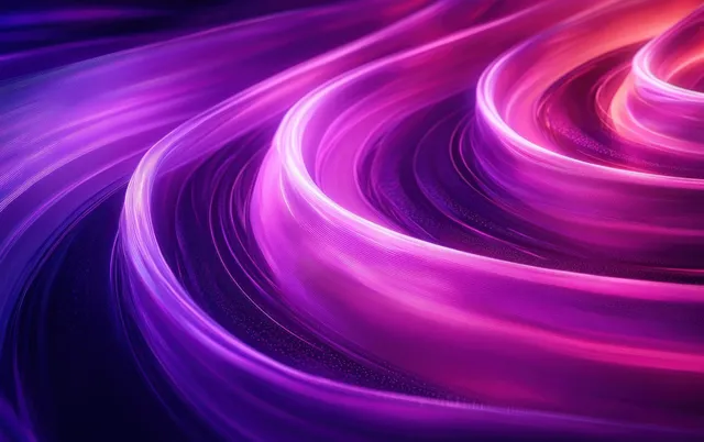 Cintas brillantes de neón púrpura se curvan a través de un oscuro portal futurista con vibrantes estelas de luz y desenfoque de movimiento.