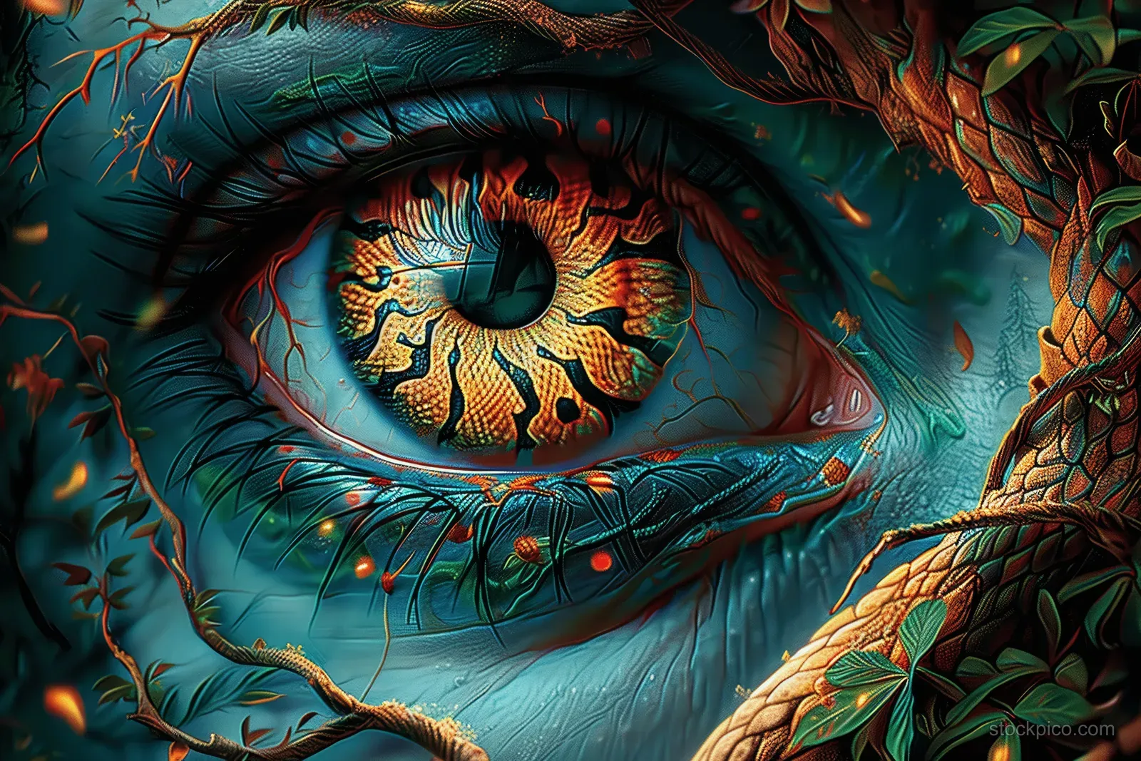 A giant fantasy eye glows blue as a dragon swims through forest branches and cosmic green swirls.